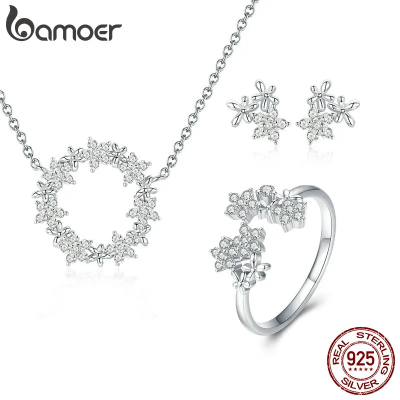 BAMOER 925 Sterling Silver Jewelry Sets Clear Cubic Zircon Shining Star Necklace Women Ring Jewelry Set Luxury Jewelry ZHS097