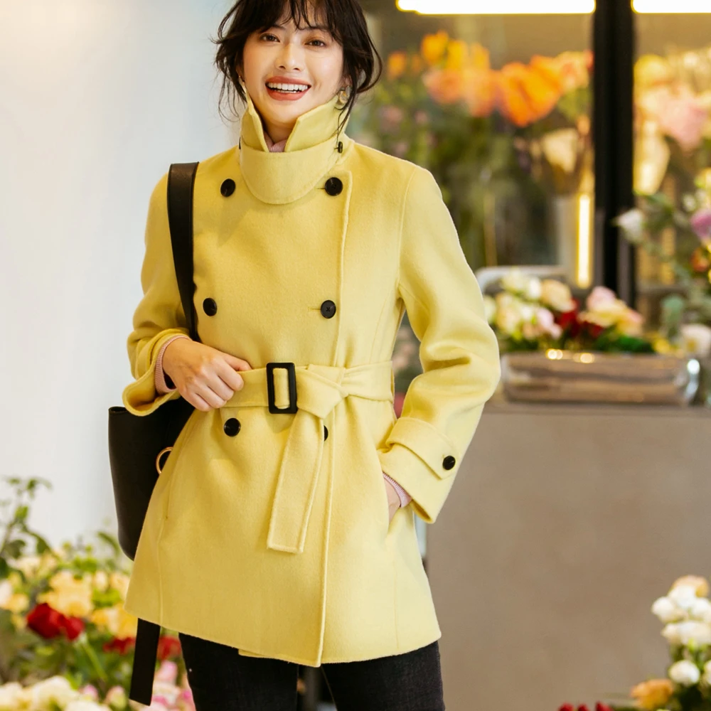 

Winter and autumn coat women woman clothes 2019 winter Fashion yellow belt Double-sided wool Double-breasted short coat female