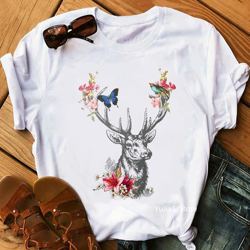 2024 Watercolor Antlers Art Print Women'S T-Shirt Nature Woodland Forest Flowers Tshirt Femme Summer Fashion T Shirt Female