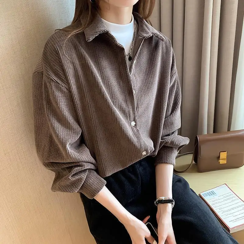 Shirts Women Corduroy Single-breasted Button Solid College Sweet 4 Colors Fashion Spring Autumn Straight All-match Soft