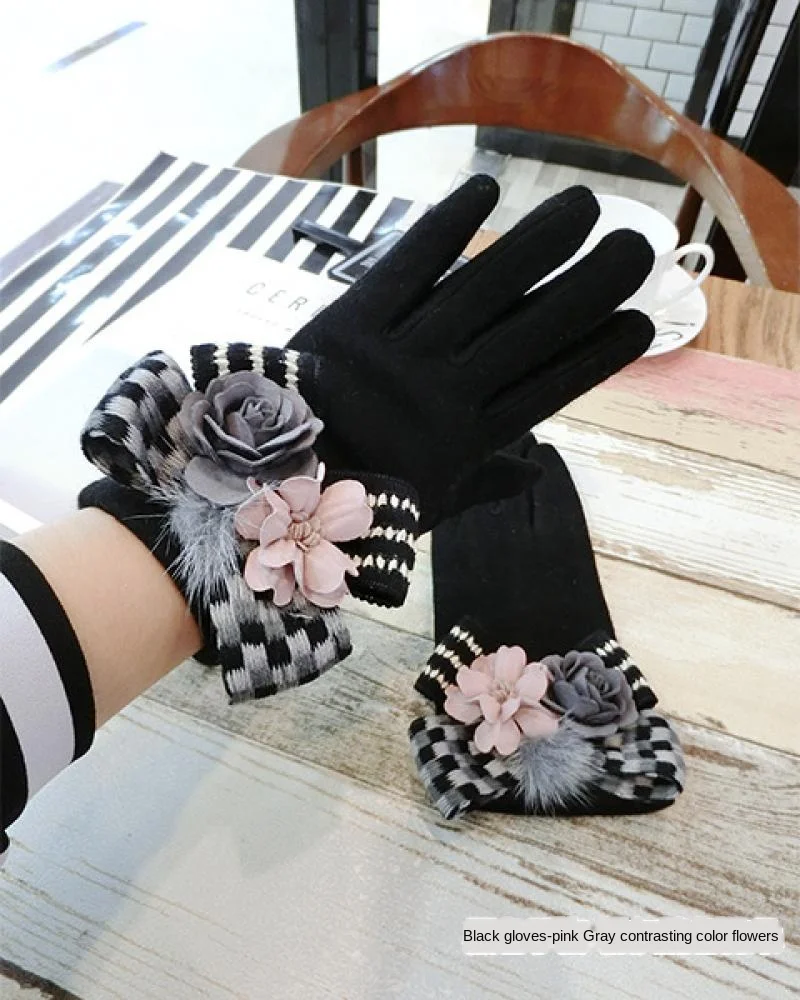 Bowknot Cashmere Gloves Korean Women\'s Winter Thickening Warm Touch Screen Gloves Girls Winter Students Cute Riding Gloves