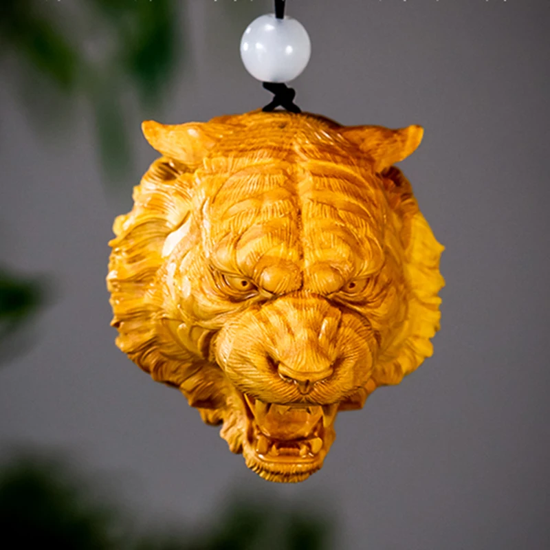 XS262-5/6 CM Boxwood Tiger Head Chinese Zodiac Feng Shui Pendant Wood Statue Car Hanging Lucky