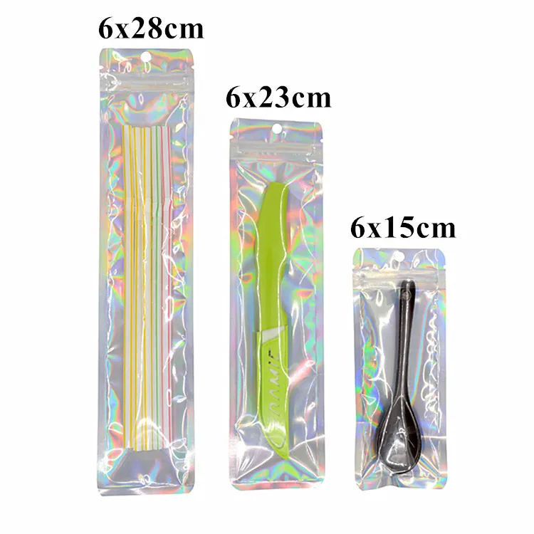 100pcs Resealable Hologram Iridescent Zip Lock Packaging Bag Makeup Cosmetics Brush Watch Data Lines Knife Fork Spoon Pouches