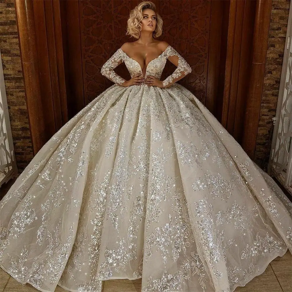 Arabic Vintage Ball Gown Wedding Dresses Long Sleeves Deep V Neck Bridal Plus Size Wedding Gowns vestido de novia