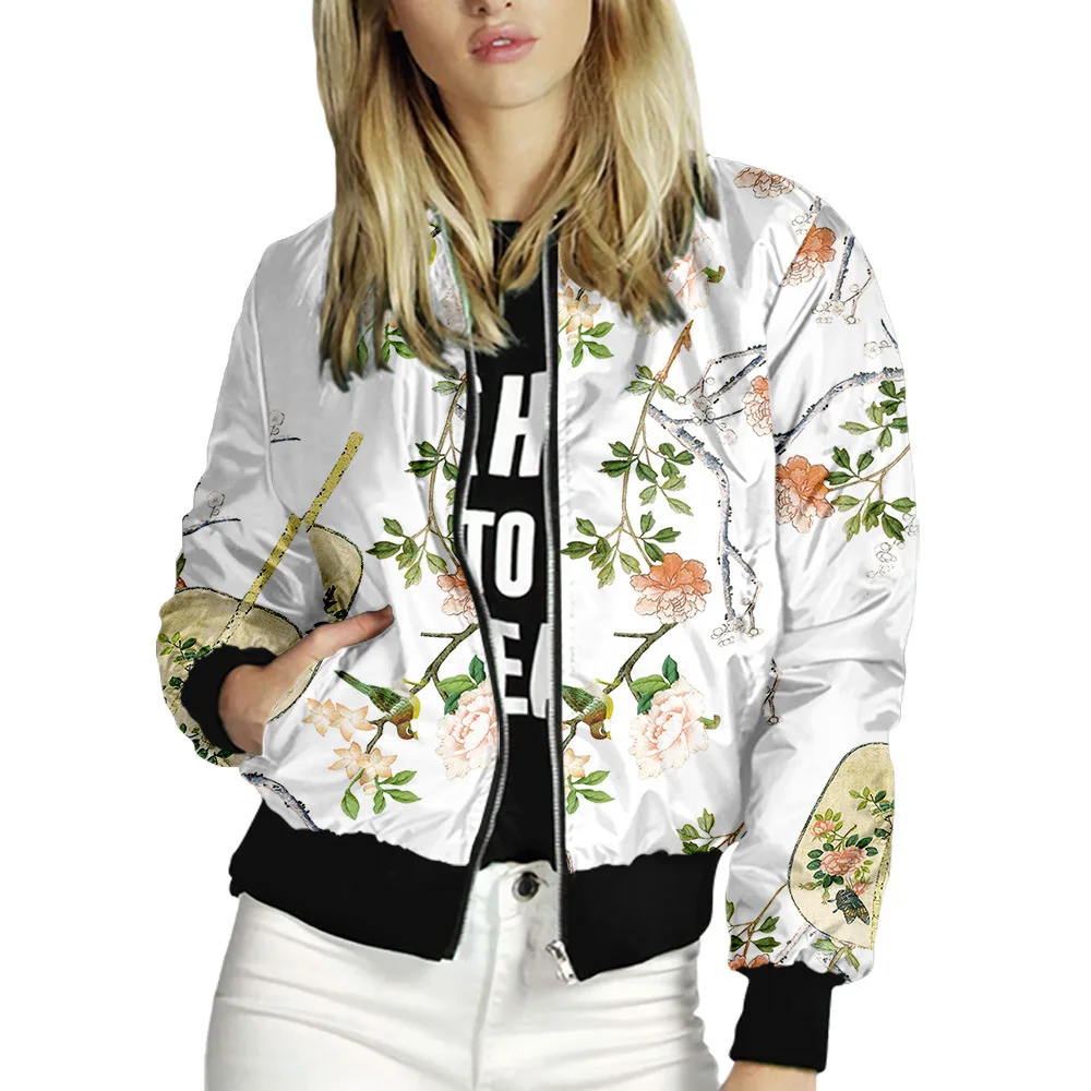 

2020 Women Bomber Jacket Slim long sleeve Floral Print Basic Jackets Zipper Windbreaker Coat Thin Female casual Jackets Outwears