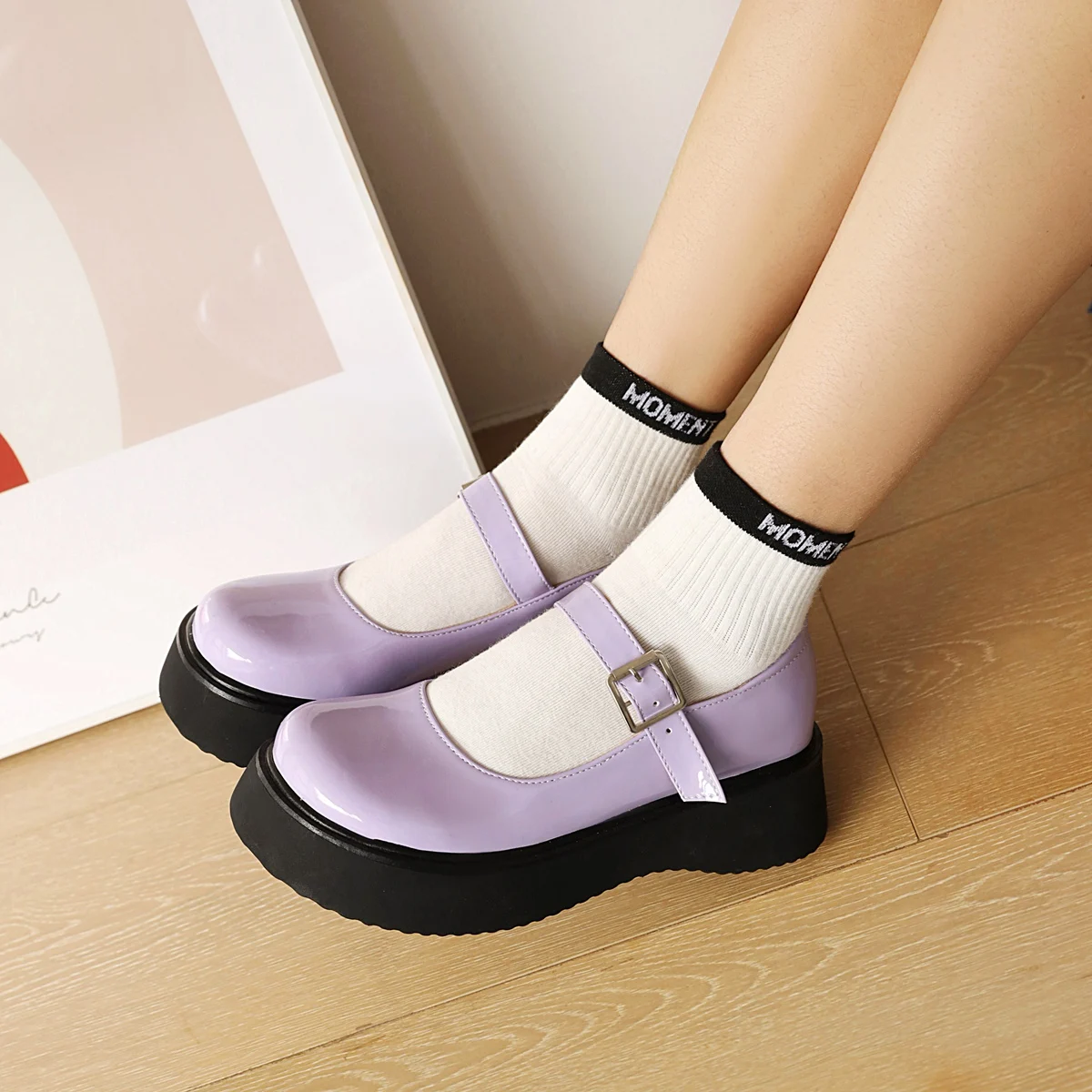 Japanese Sweet Patent Leather Mary Jane Bottomed Platform With Large-Size Violet Women's Pumps Water Platform