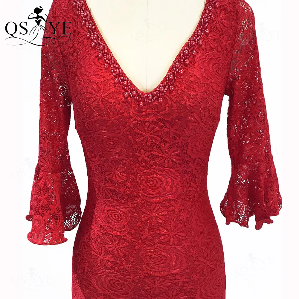 Vestido de noche rojo de encaje elástico para mujer, vestido de fiesta de sirena de manga larga, espalda baja abierta, entrecruzado, vestido Formal con cuentas y cuello en V