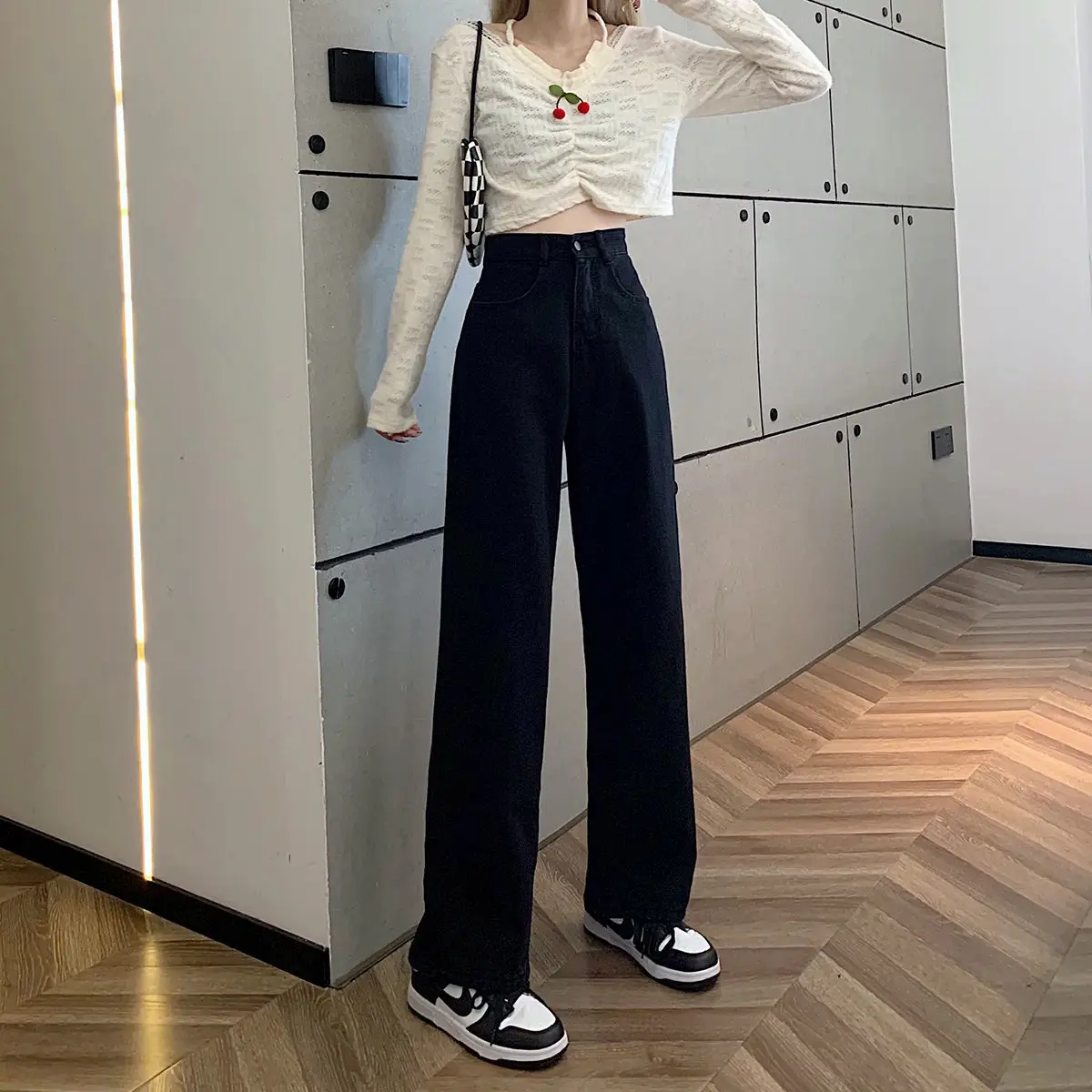 Jeans Women Simple Black Denim Straight Loose All-match Street Wear Korean Style Students Teens High Waist Do Old Trousers Chic