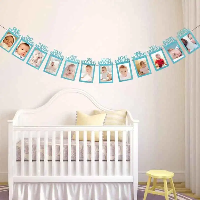 Boy girl 1st Birthday 12 Month Photo frame banner garland flags baby shower Photo Bunting one First Birthday Party Decorations