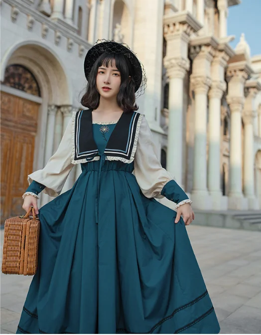 Medieval vintage süße lolita kleid falbala drehen-unten kragen stickerei laterne hülse viktorianischen kleid kawaii mädchen gothic lolita