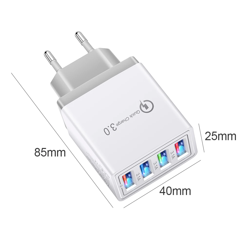 QC 3.0 Bộ Sạc 5V 3A Sạc USB Sạc Nhanh Sạc 4 Cổng Đèn LED Sạc Điện Thoại Adapter EU cắm Phụ Kiện
