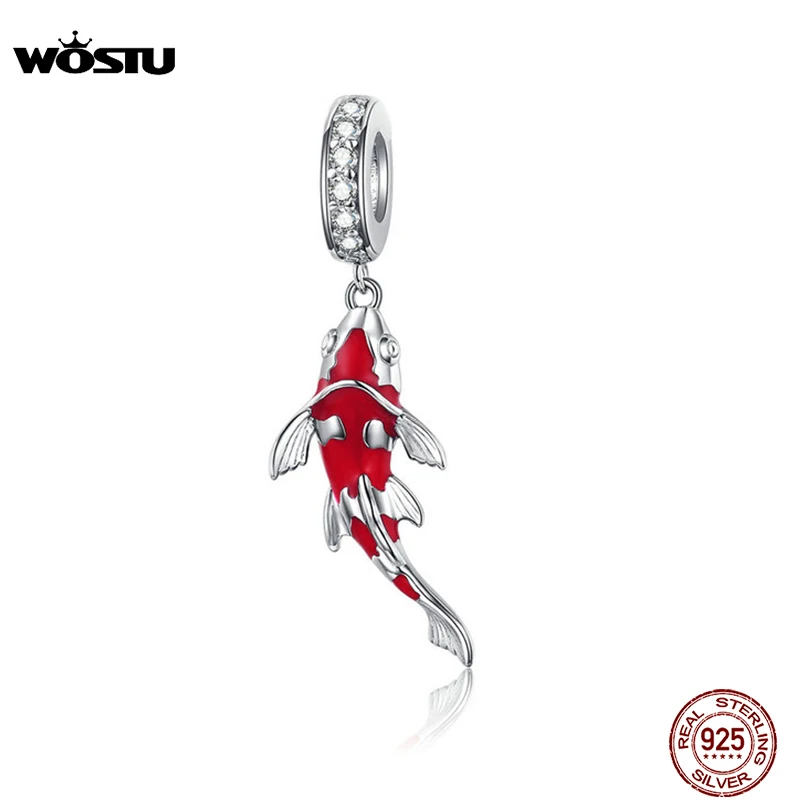 WOSTU Lucky Carp Dangle Charm 925 Sterling Silver Red Enamel CZ Beads Fit Original Bracelet Pendant Silver 925 Jewelry CTC085