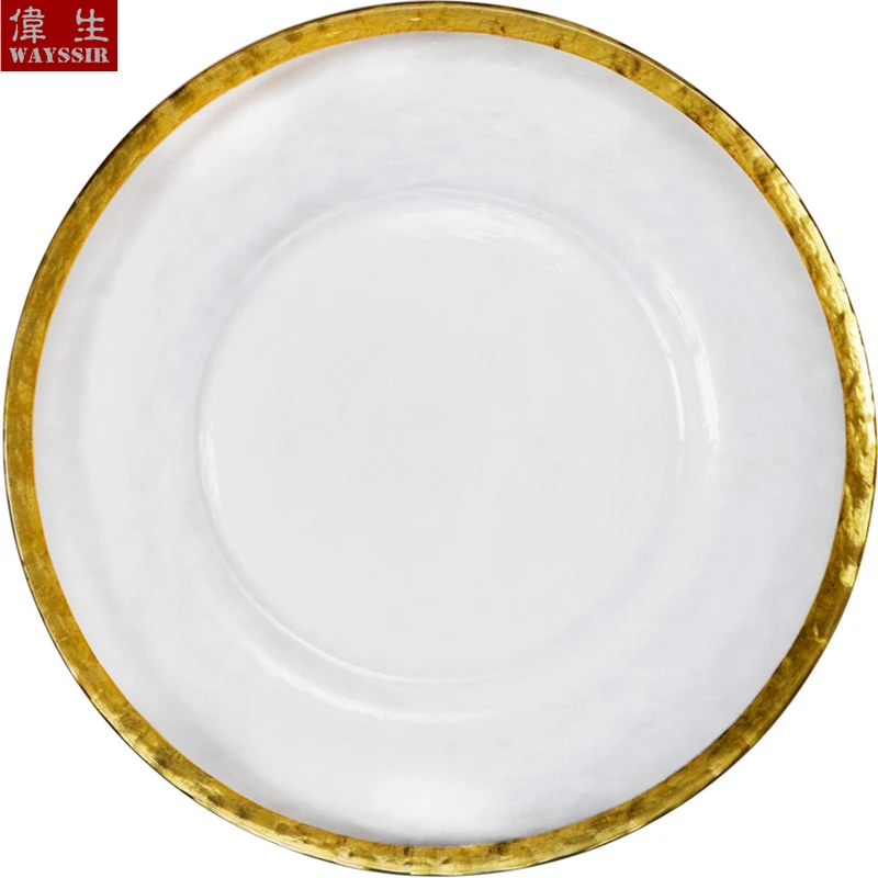 Transparent Glass Charger Plate, Decorative Wedding Dinner Plate, Round Tableware, Show Tray Display, Paint Gold Line Design