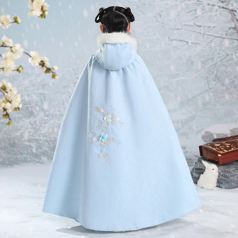 Hanfu Quilted Hooded Girl's Warm Cape Winter New Embroidery Thicken Cloak Chinese Children Ancient Mantle Kids New Year's Wear