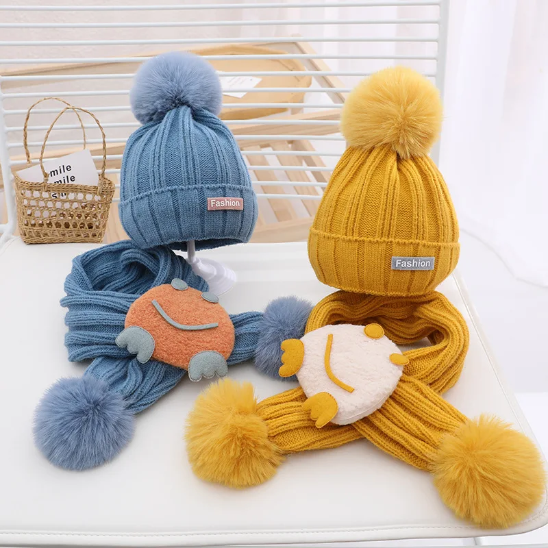 Doitbest Winter Boys Girls Warm Beanies Caps Scarf Hat Set 2021 Solid Acrylic Warm Baby Kids knit Hats Scarves sets