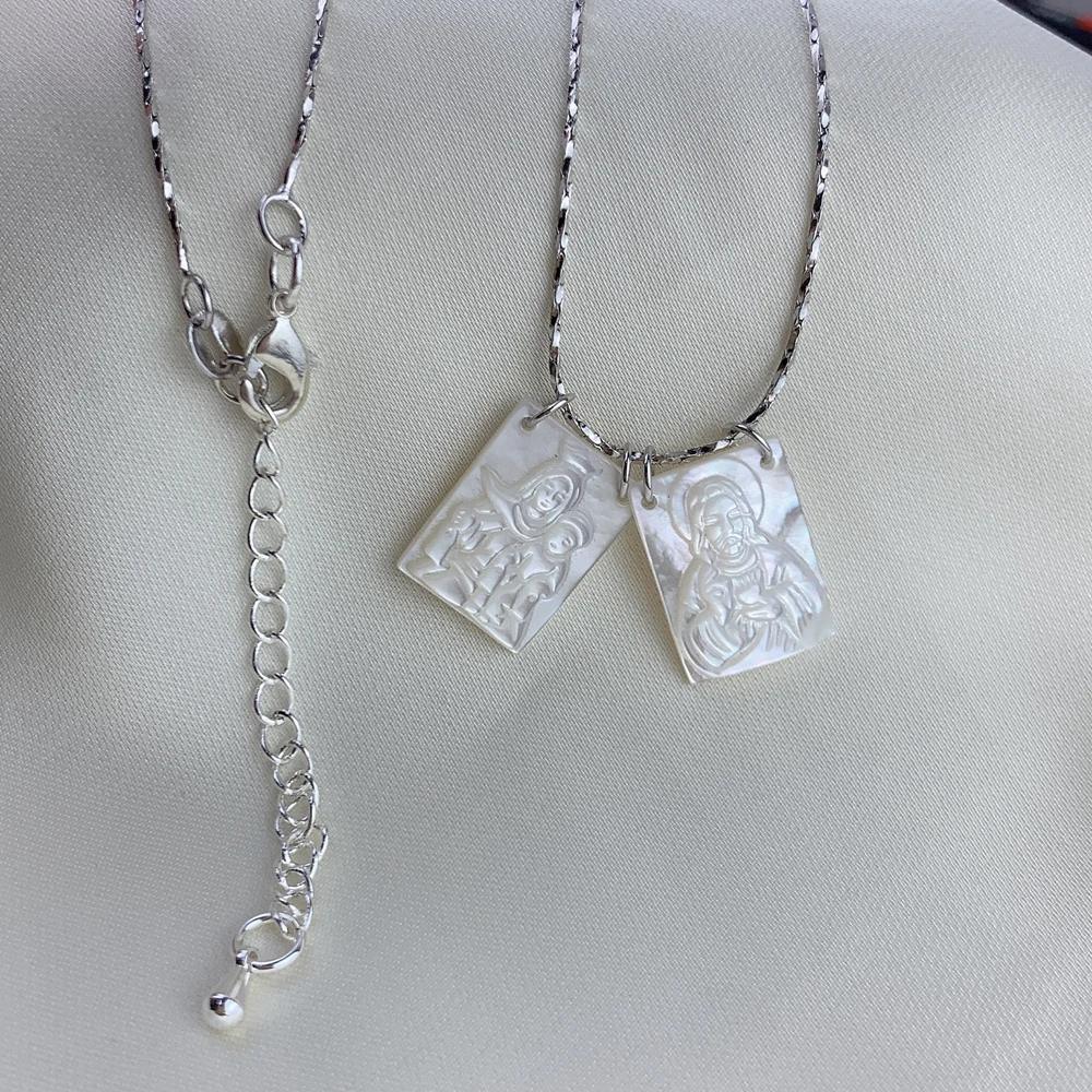 يسوع مريم العذراء Scapulary قلادة مجوهرات الدينية الفولاذ المقاوم للصدأ الأم الطبيعية اللؤلؤ قذيفة قلادة الرقبة للنساء