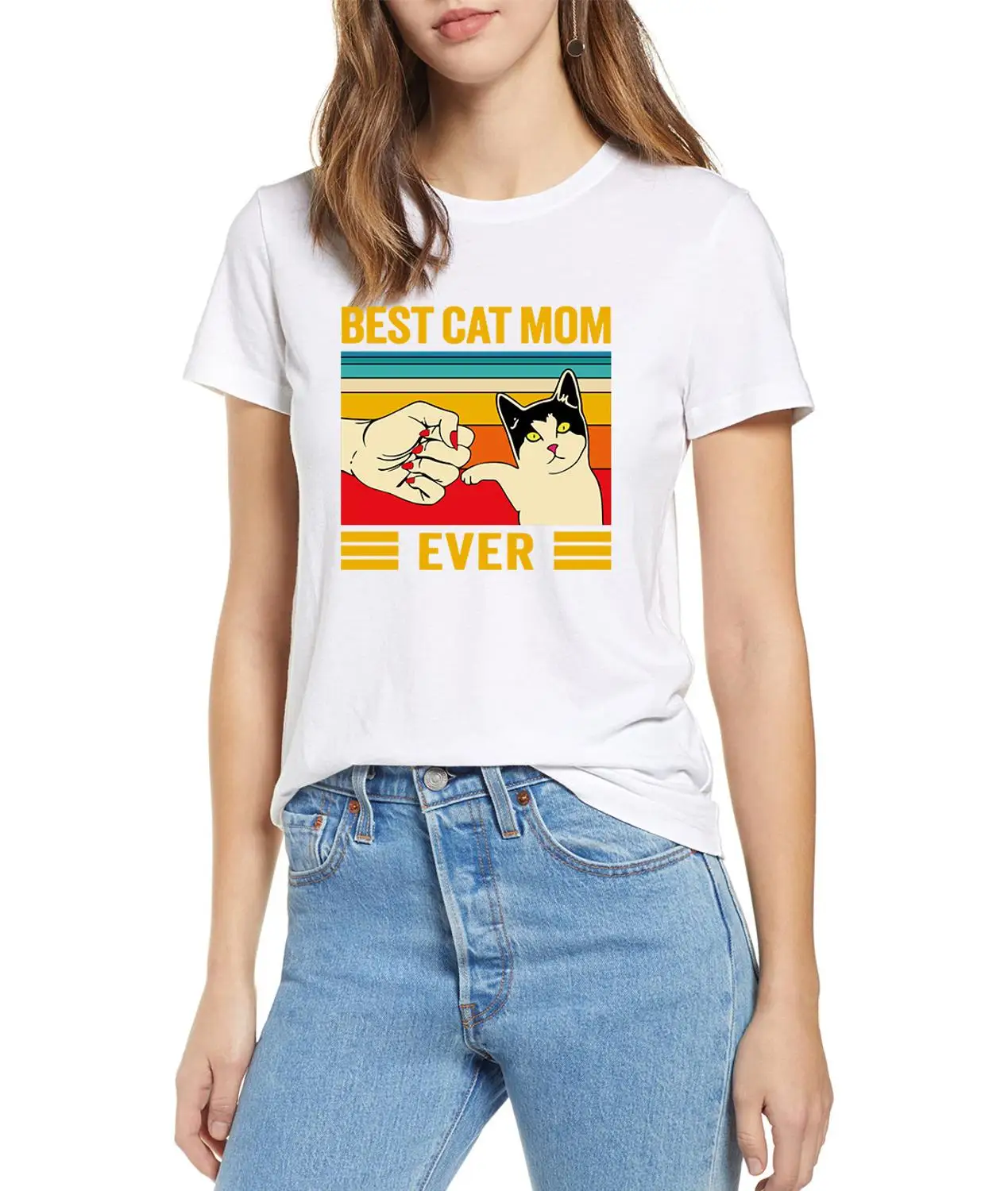 

Vintage Best Cat Mom Ever Fist Bump Funny Neck Summer Women's 100% cotton short sleeves T-Shirt Humor Mother's Day Gift Tops tee