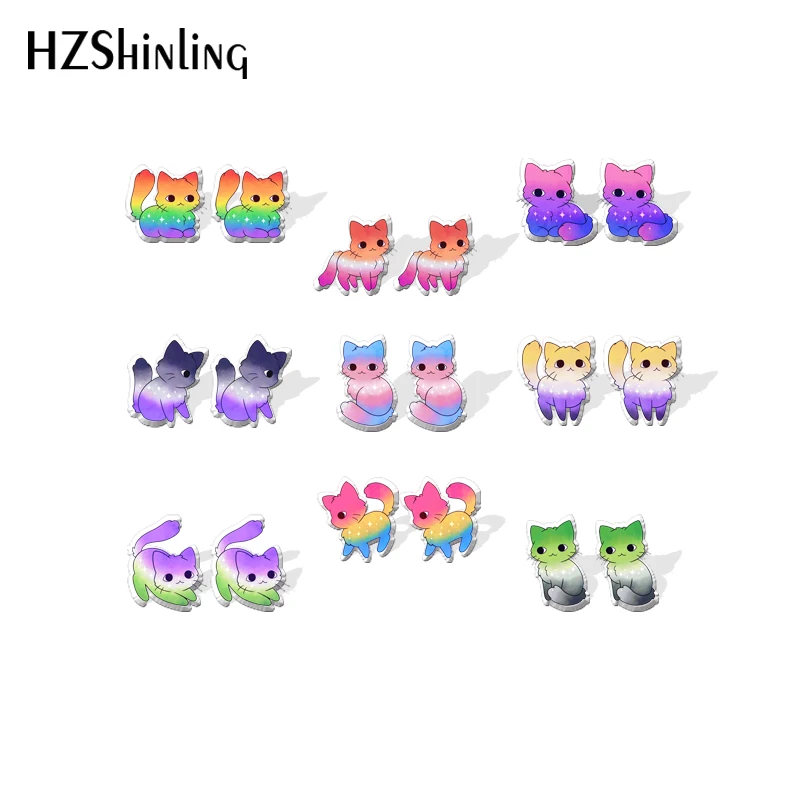 2021 New Pride Cats Stud Earring Color Cat Crystal Acrylic Resin Earrings Epoxy Handmade Jewelry Gifts Girl