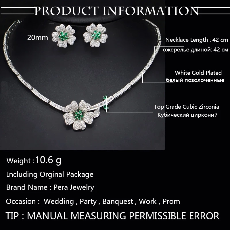 Pera Trendy Rose Red Cubic Zirconia Setting Lovely Flower Earrings and Pendant Necklace Sets for Women CZ Costume Jewelry J139