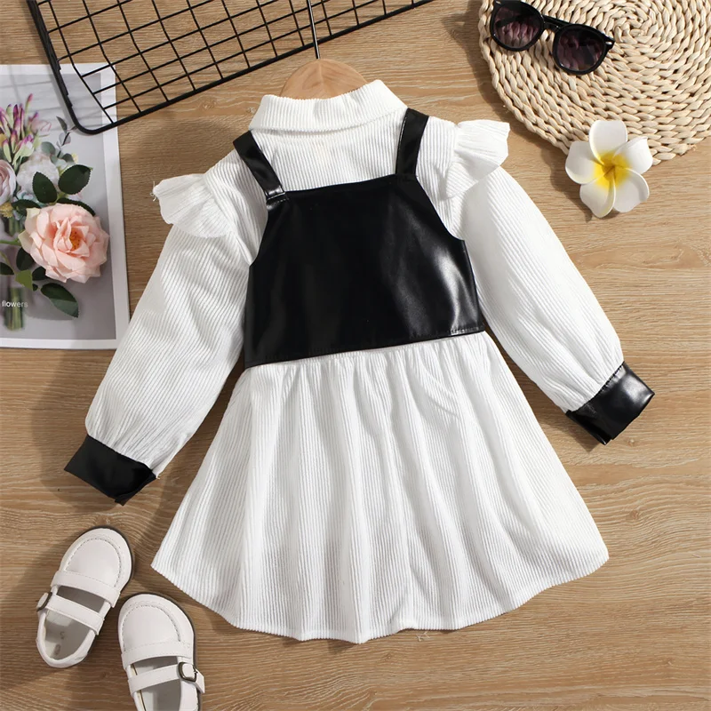 Flying Sleeve Corduroy Girls Dress Faux Leather Vest Patchwork Kids Clothes Girls Clothing Princess Dress Outfits Shirts Dresses