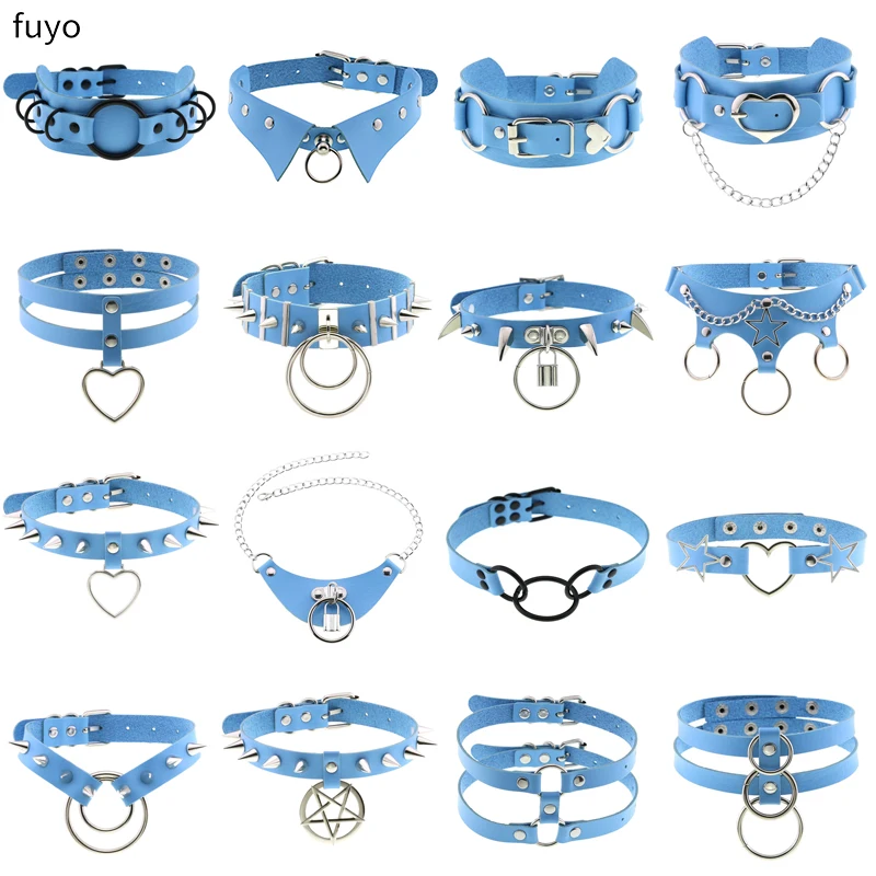 2021 PU Leather Blue Necklaces Harness Heart Round Goth Punk Multiayer Chains Bondage Collar Gothic Necklace for Women jewelry