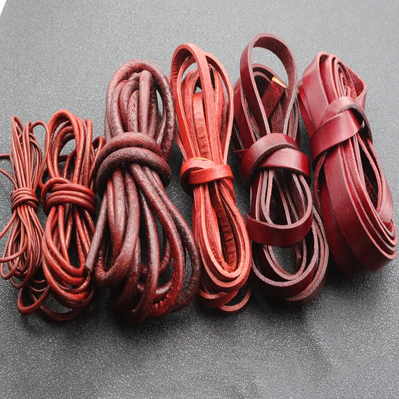 

2M Genuine Leather Cord for Bracelet Jewelry Making Retro Red Brown Round Flat Cow Leather Rope String Thread 1.5 2 3 4 5 6 8 mm
