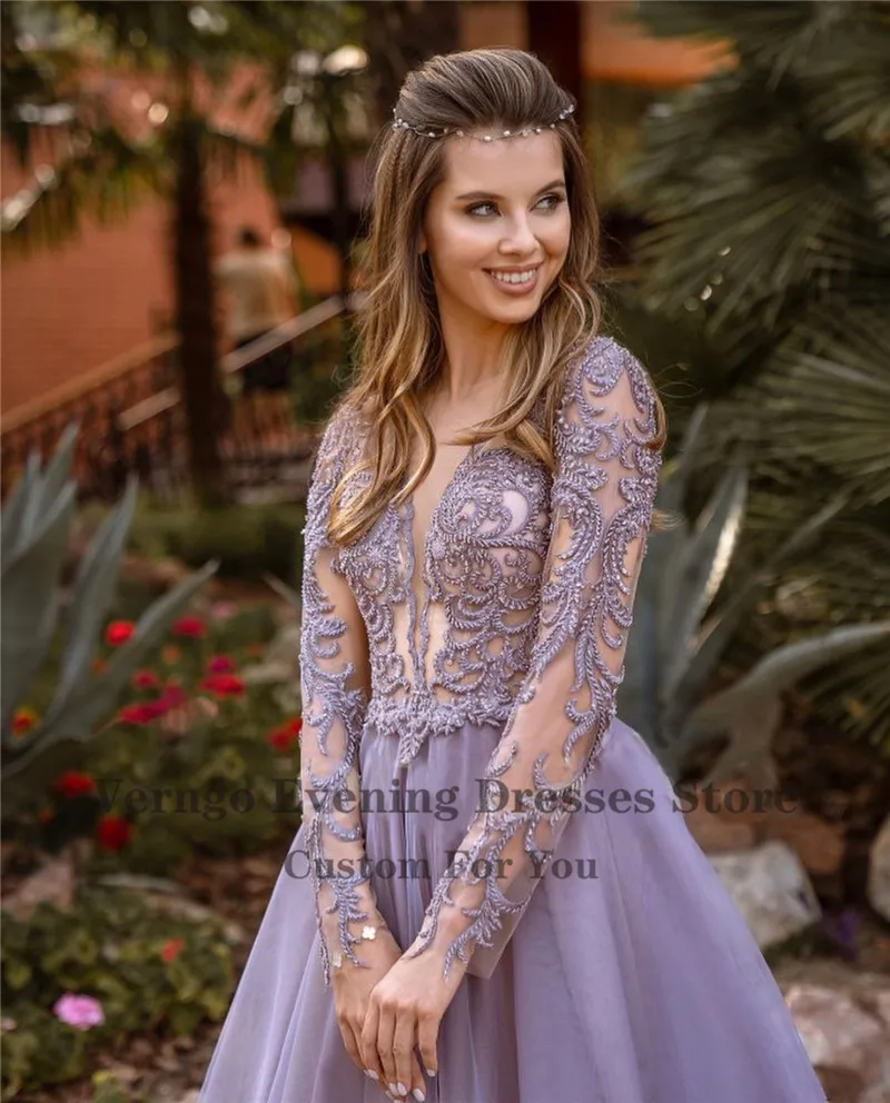 Verngo 2021 empoeirado lavanda tule mangas compridas vestidos de baile renda applique delicado baixa volta até o chão elegante vestidos de noite