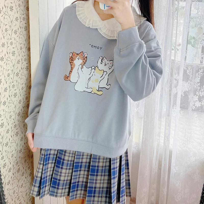 Autumn Kawaii Hoodie Teen Girls Funny Cat Cartoon Graphic Sweatshirt Women Casual Cute Printed Crewneck Long Sleeve Pullover