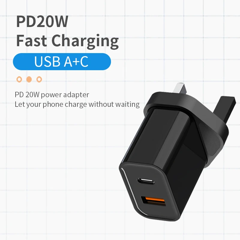 UK Charger USB Type-c Ports PD20W QC 3.0 Fast Charging Ireland Singapore Maldives Malaysia Travel Wall Adapter Plug