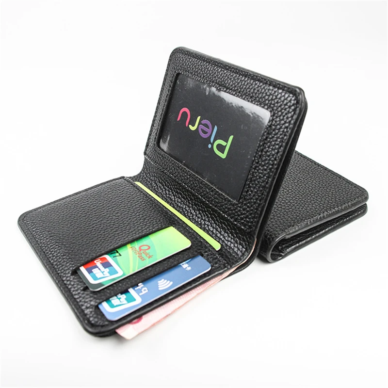 Ultra-Thin Black Credit ID Card Holder PU Leather Women Men Lychee Pattern Wallets Coin Purse Money Bag Wallet Organizer Case