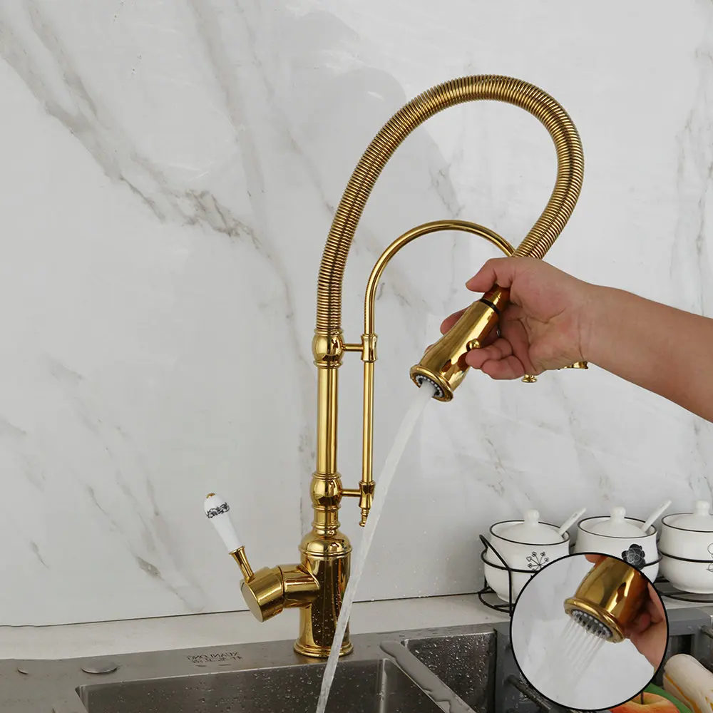 OUBONI Golden Plated Kitchen Faucet Vessel Sink Swivel Faucet Washbasin Mixer Taps W/ Pull Down Spring 2 Ways Spray Basin Mixer