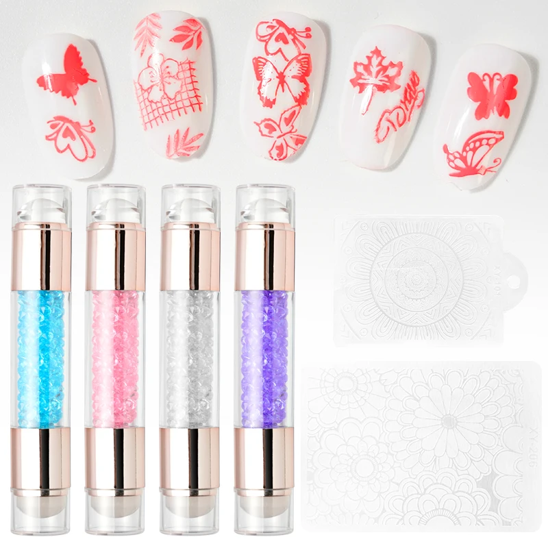 3 pçs conjunto de arte de carimbo de unhas cabeça dupla silicone stamper lado modelo aleatório 11.5*2cm silicone leitoso fácil impressão stamper kit % $