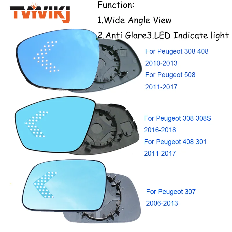 TVYVIKJ Side Rearview Mirror Blue Glass Lens with LED Indicate ligh For Peugeot 301 308 408 508 2010-2019 Wide Angle View anti