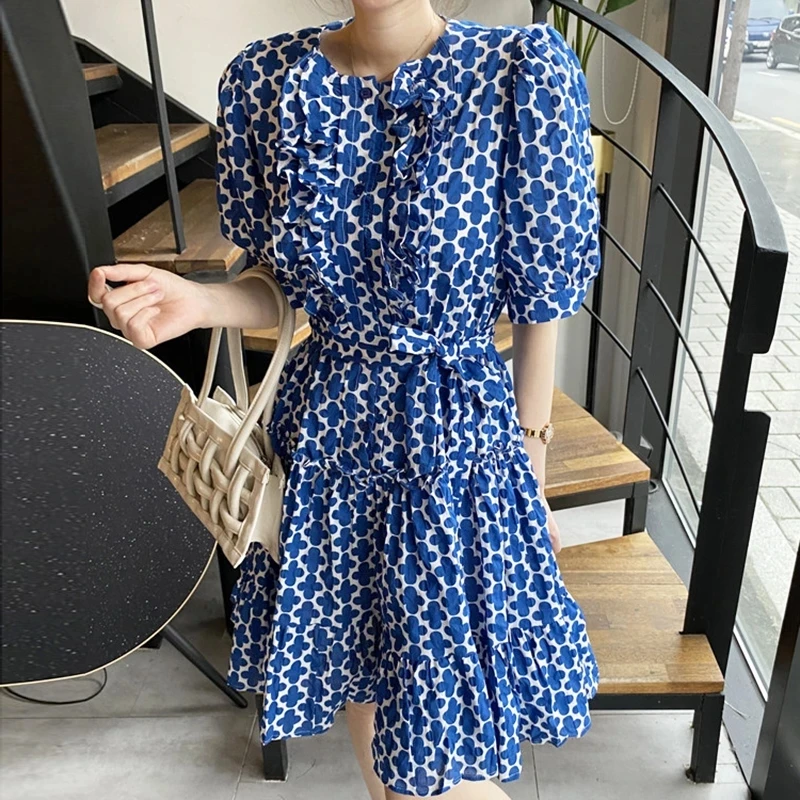 New Fashion Women Printed Round Neck Knee-Length Ruffles Waist Puff Sleeve Mini Dress Robe