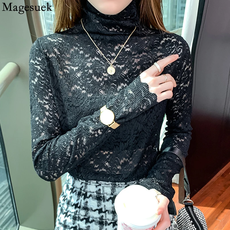 

Autumn Mesh Crocheted Lace Blouse Elegant Hollow Half High Collar Black Women Tops Long Sleeve Korean Solid Shirt Blusas 17200