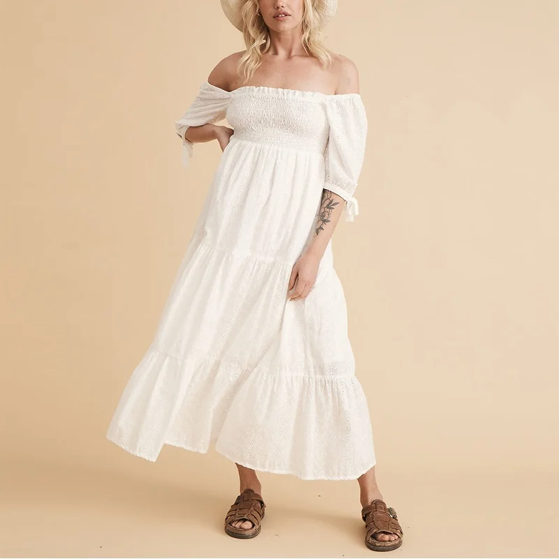 Vestido de verano 2022, ropa de mujer, vestido elegante con volantes y cuello cuadrado bordado, vestido blanco de manga corta con lazo, vestido de playa midi fruncido