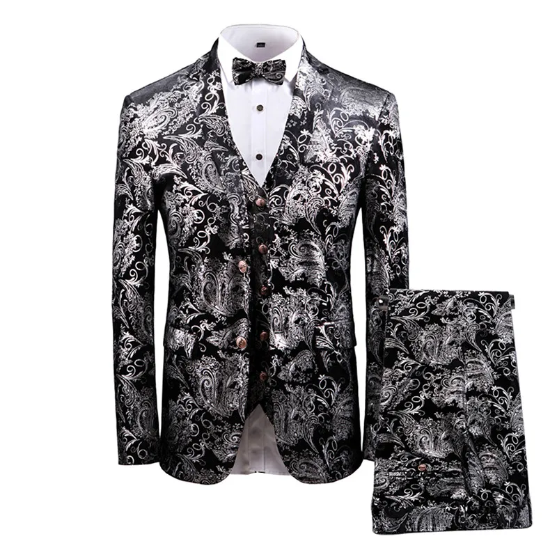 Gold Printed 3 Piece Tuxedo Suit Men Brand Slim Fit Wedding Party Dress Terno Masculino Party Prom Stage Costume Homme