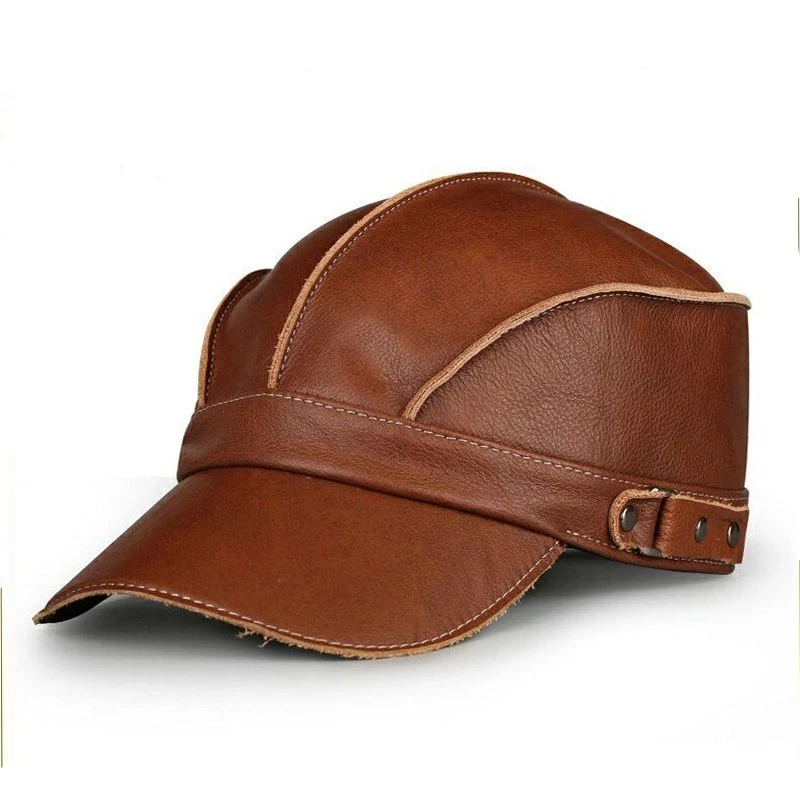 Fashion Unisex High Quality Real Leather Baseball Caps Sailor Hats Women Men Black Brown Flat Top Captain Cap Travel Cadet Hat