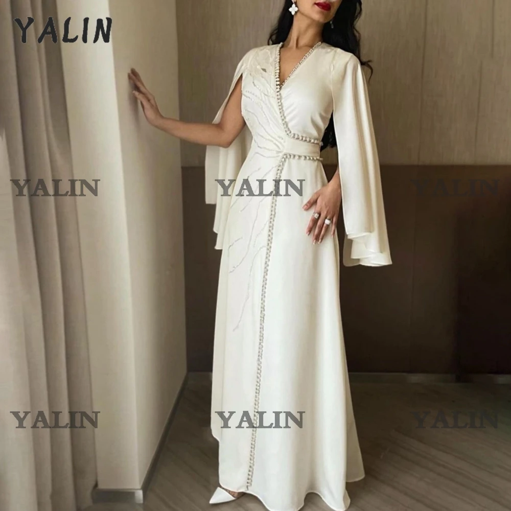 Customized Arabic Satin Moroccan Evening Dresses Cape Sleeve Beaded Long Formal Dress Dubai V Neck Robes De Soirée Customer Made