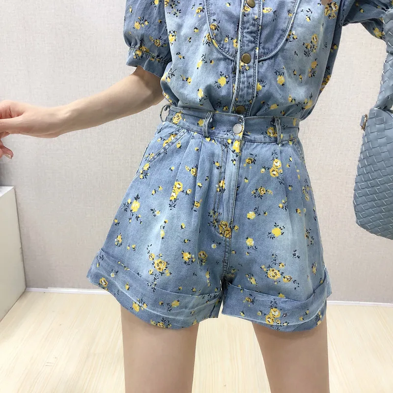 BLLOCUE Summer Flower Print Denim Casual Suit Women Puff Sleeve Single-breasted Shirt Top+High Waist Wide Legs Shorts 2Piece Set