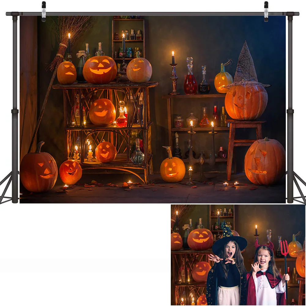 Halloween Photo Backdrop Pumpkin Lantern Scary Night Full Moon Photography Background Halloween Family Party Portrait Photoshoot