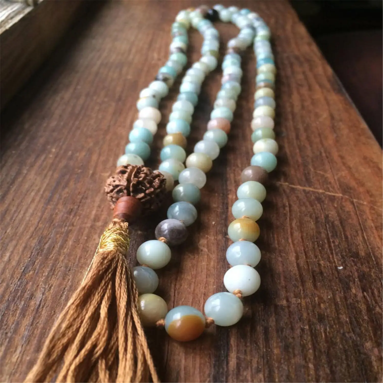 

8mm Amazonite Gemstone 108 Beads Mala Tassel Necklace Meditation Retro Yoga Spiritua Tibetan Lucky Buddhism Prayer Religious Men