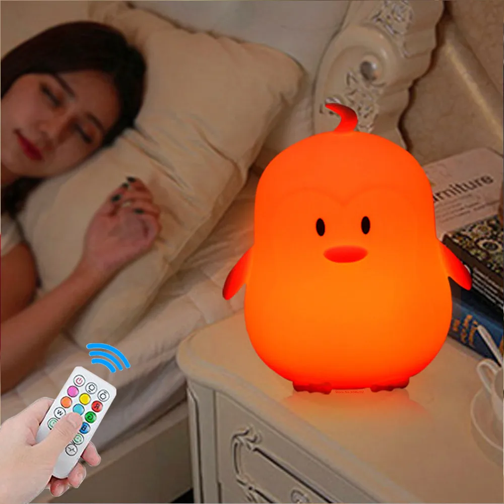 Pinguin lampu malam LED Sensor sentuh pengendali jarak jauh 9 warna pengatur waktu dapat diredupkan USB lampu silikon isi ulang untuk hadiah anak-anak bayi