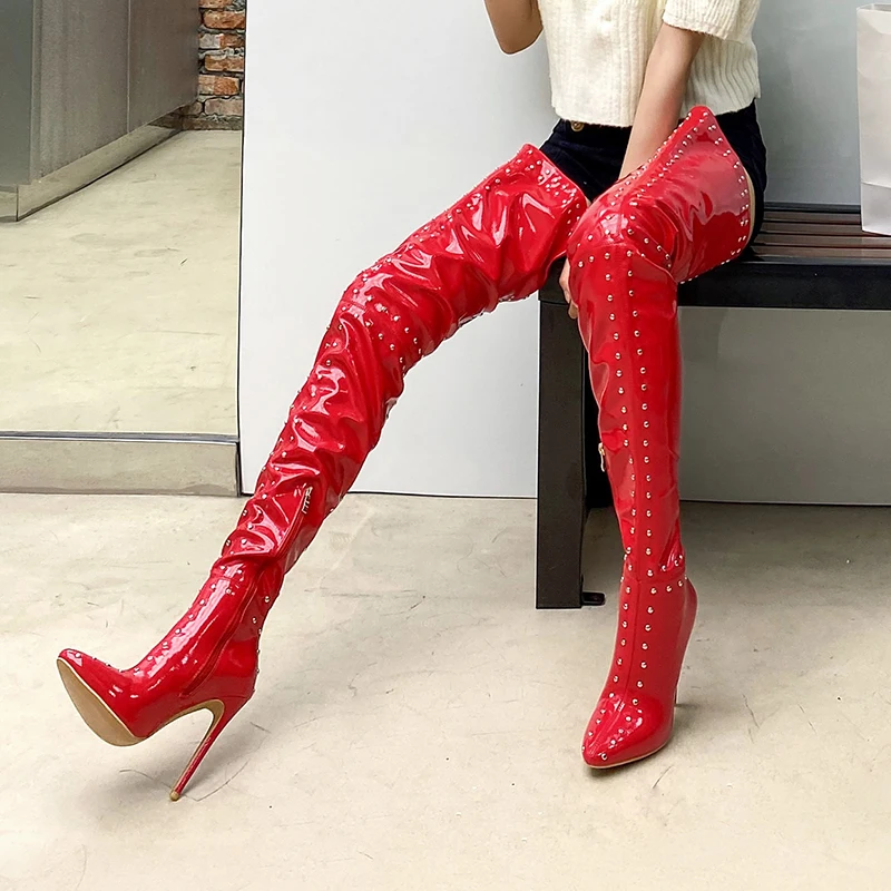 Lasyarrow Handmade Women Thigh High Boots Sexy Stiletto Heels Pointed Toe White Red Black Club Shoes Women over the knee boots