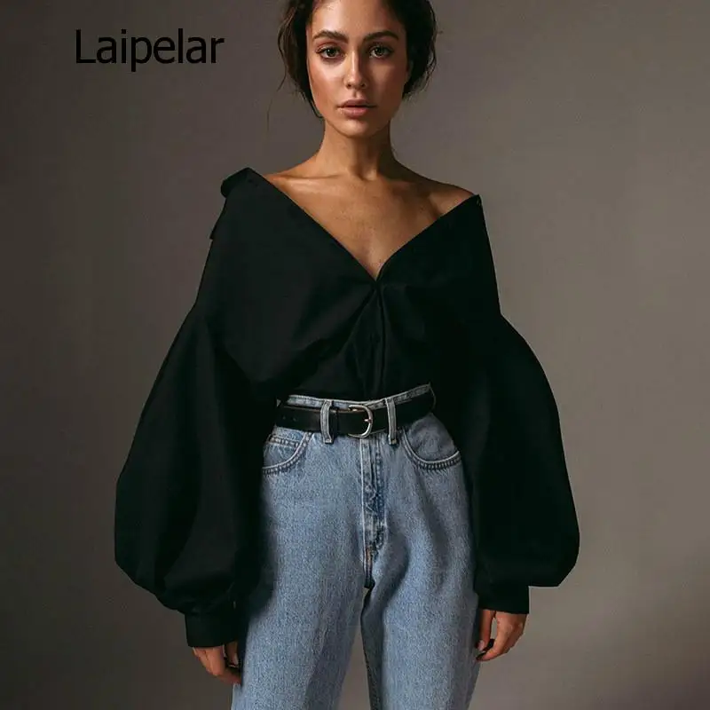 Hot Sale 2020 Autumn New Women Blouses Lantern Sleeves Lapel Streetwear Fashion Casual Wild Loose Slim Button Simple Solid Shirt