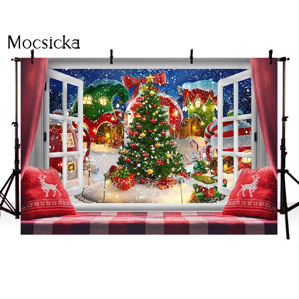 モクシカ クリスマスツリー 写真撮影背景 冬の窓の家の装飾 家族パーティー 子供 キッズ ポートレート写真