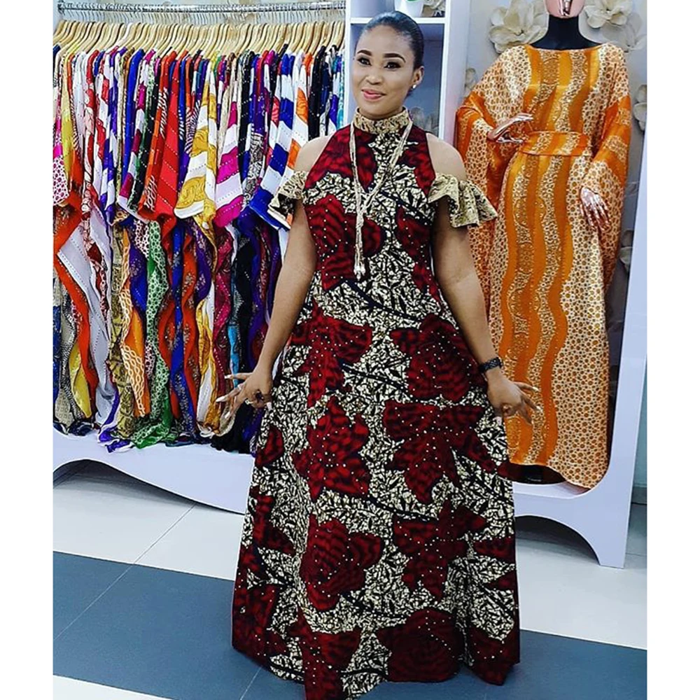 

African Dresses For Women 2022 High Quality Off-the-Shoulder Half Collar Floral Print Maxi Vestidos Islamic Clothing Fashion