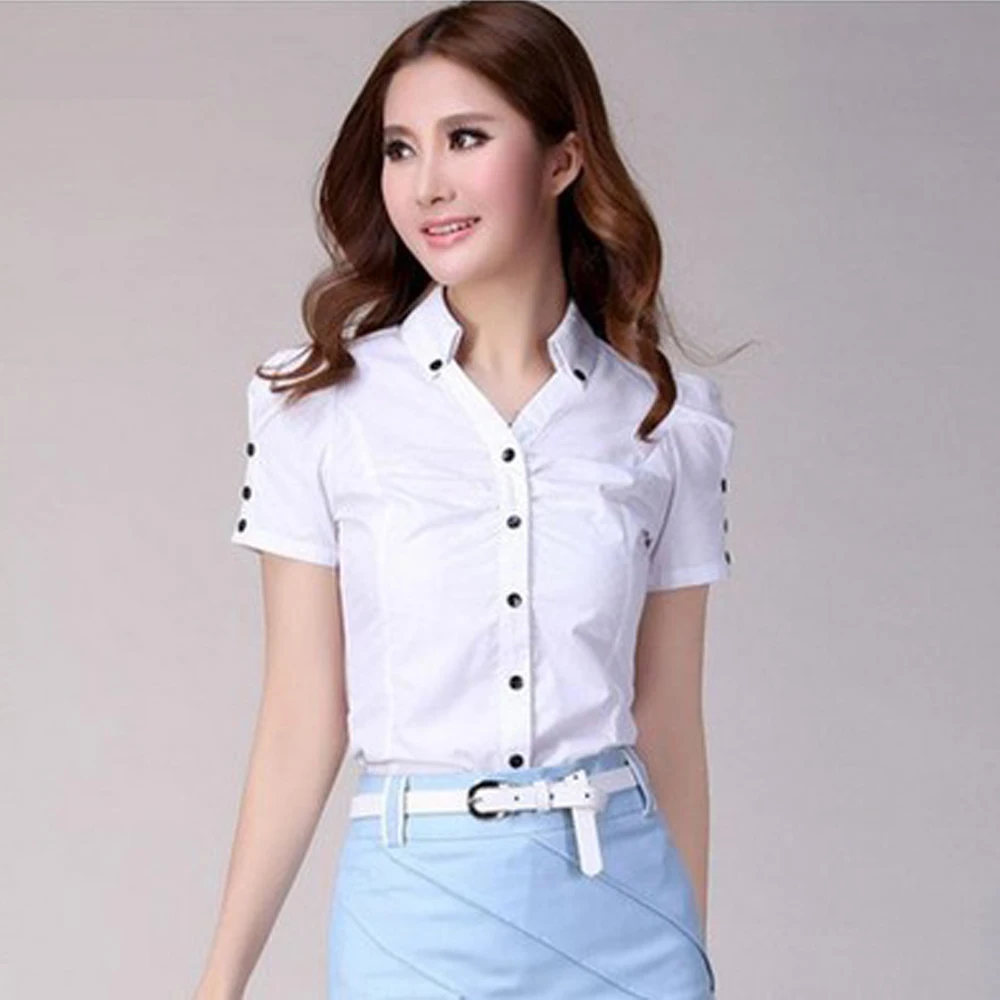 Shirts Women\'s Shirt Short Sleeve White Tops Office Lady Blouse For Women Button Slim Top Women\'s Clothing 2021 Blusas Y Camisas