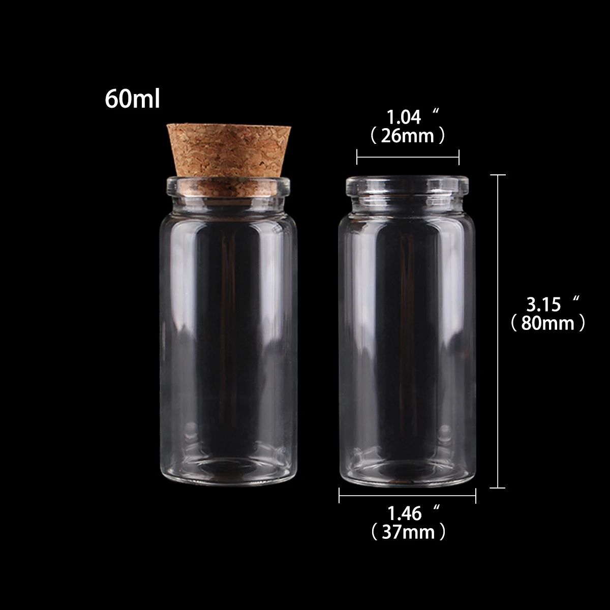 6 pieces  60ml Size 37x80x27mm Small Glass Candy Jars with Cork Stopper Lids Candy Wishing Bottles for Wedding Favors