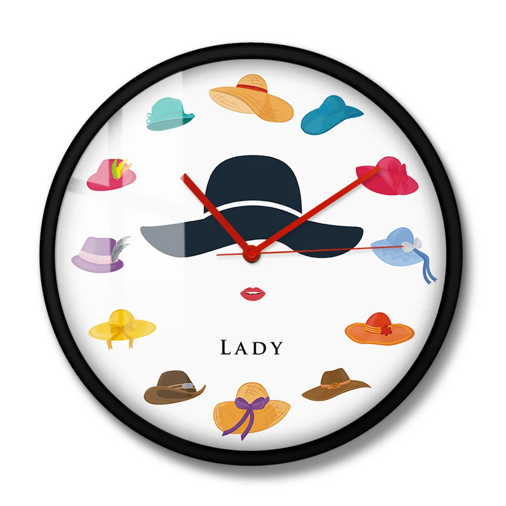 Fashion Lady With Various Hats Decorative Wall Clock Silent Non ticking Wall Watch Hats Shop Wall Sign Custom Business Name